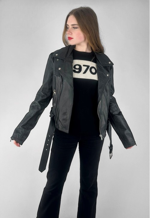 Ladies Vintage Recycled Leather Biker Jacket Silver