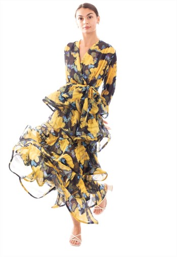 Durable Floral Print Ruffle Multi Layer Hem design maxi long Dress