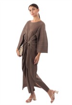 Full Length Pleated maxi dress with cap sleeves in moka
