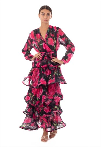 Stylish Floral Print Ruffle Multi Layer Hem design maxi long Dress