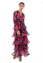 Stylish Floral Print Ruffle Multi Layer Hem design maxi long Dress