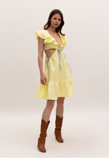 Cutout linen dress woman in yellow