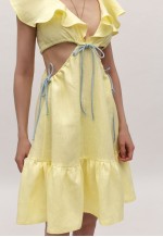 Cutout linen dress woman in yellow