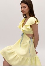 Cutout linen dress woman in yellow