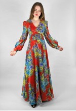 Puszta Vintage 70's Red Bell Sleeve Floral Maxi Dress