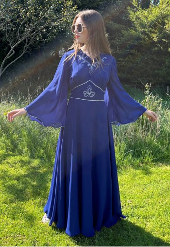70's Vintage Blue Fluted Sleeve Silver Lurex Maxi Dress
