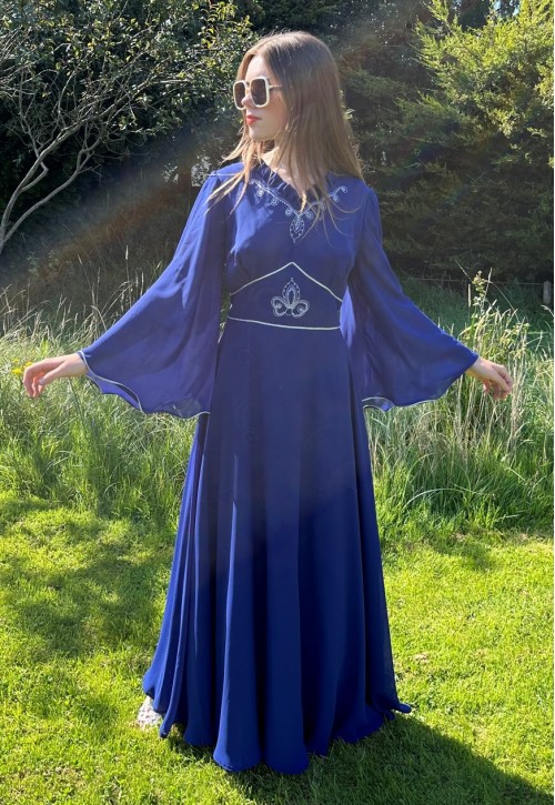 70's Vintage Blue Fluted Sleeve Silver Lurex Maxi Dress