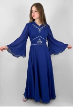 70's Vintage Blue Fluted Sleeve Silver Lurex Maxi Dress