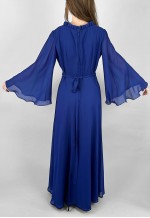 70's Vintage Blue Fluted Sleeve Silver Lurex Maxi Dress