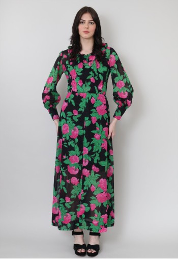 70's Vintage Long Sleeve Maxi Dress Black Floral Ruffle