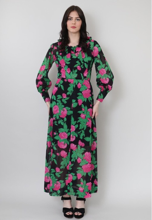 70's Vintage Long Sleeve Maxi Dress Black Floral Ruffle