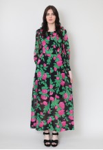 70's Vintage Long Sleeve Maxi Dress Black Floral Ruffle