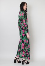 70's Vintage Long Sleeve Maxi Dress Black Floral Ruffle