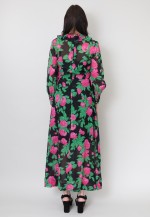 70's Vintage Long Sleeve Maxi Dress Black Floral Ruffle