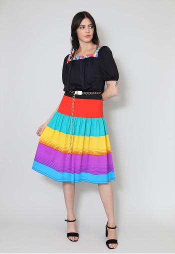 70's Ladies Vintage Dress Black Short Sleeved Stripe Tiered