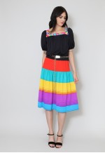 70's Ladies Vintage Dress Black Short Sleeved Stripe Tiered