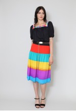 70's Ladies Vintage Dress Black Short Sleeved Stripe Tiered