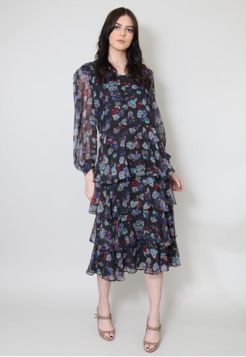 80's Vintage Black Floral Polka Dot Tiered Midi Dress