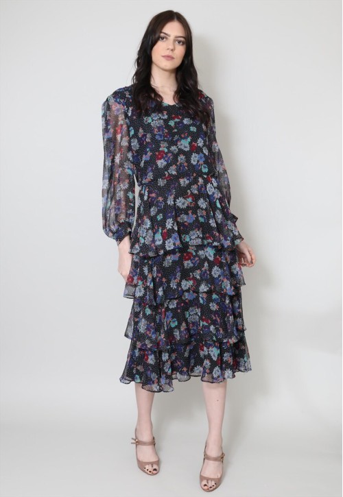 80's Vintage Black Floral Polka Dot Tiered Midi Dress