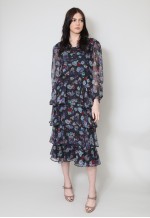 80's Vintage Black Floral Polka Dot Tiered Midi Dress
