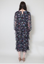 80's Vintage Black Floral Polka Dot Tiered Midi Dress