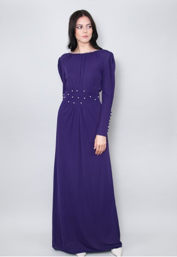 70's Purple Vintage Low Back Beaded Slinky Maxi Dress