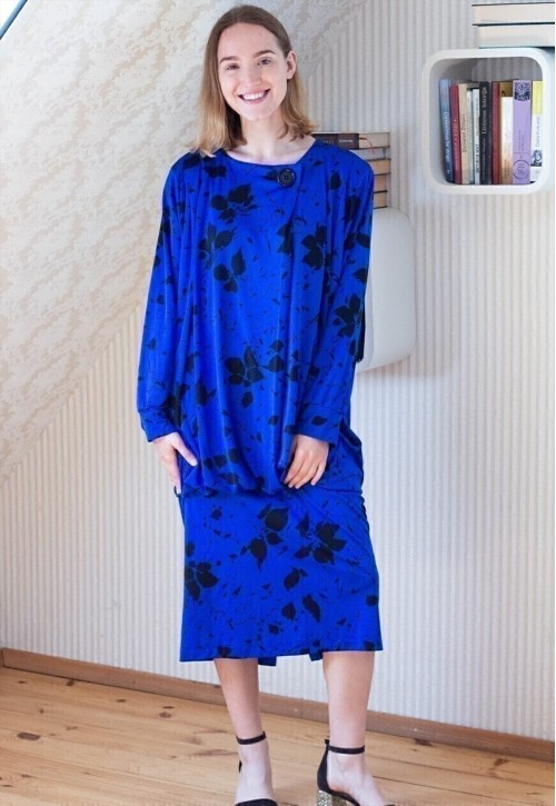 Bright blue long sleeve dress with black flowers