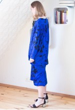 Bright blue long sleeve dress with black flowers
