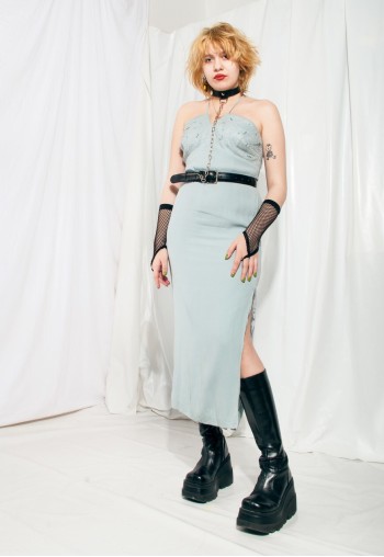 Vintage Prom Dress 90s Slit Evening Maxi in Pastel Blue