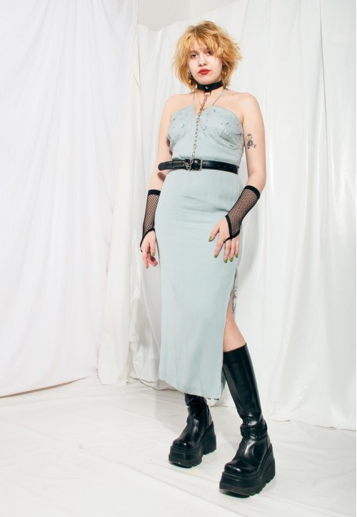 Vintage Prom Dress 90s Slit Evening Maxi in Pastel Blue