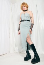 Vintage Prom Dress 90s Slit Evening Maxi in Pastel Blue