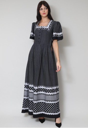 70's Vintage Prairie Folk Black White Short Sleeve Maxi Dres