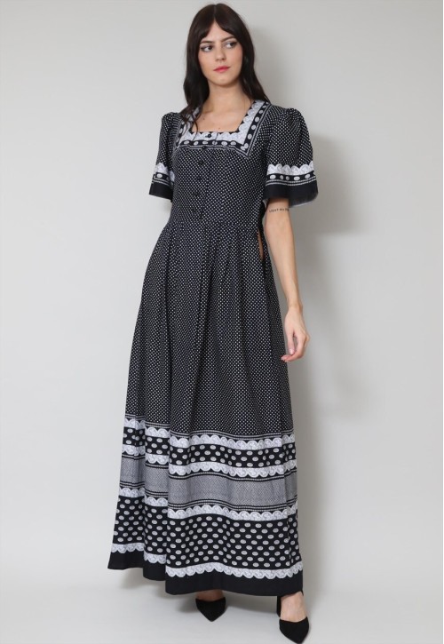 70's Vintage Prairie Folk Black White Short Sleeve Maxi Dres