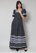 70's Vintage Prairie Folk Black White Short Sleeve Maxi Dres