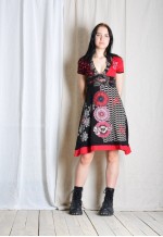 Y2K Black Red Graphic Ornamental Bird V-Neck Midi Dress