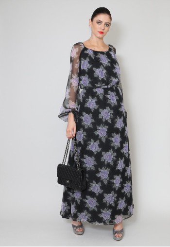 70's Vintage Black Sheer Floral Bell Sleeve Maxi Dress