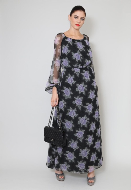 70's Vintage Black Sheer Floral Bell Sleeve Maxi Dress