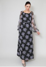 70's Vintage Black Sheer Floral Bell Sleeve Maxi Dress