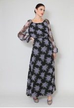70's Vintage Black Sheer Floral Bell Sleeve Maxi Dress