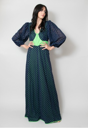 70's Vintage Ladies Blue Green Polka Dot Maxi Dress