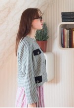 Black and white checked jacket with round collar